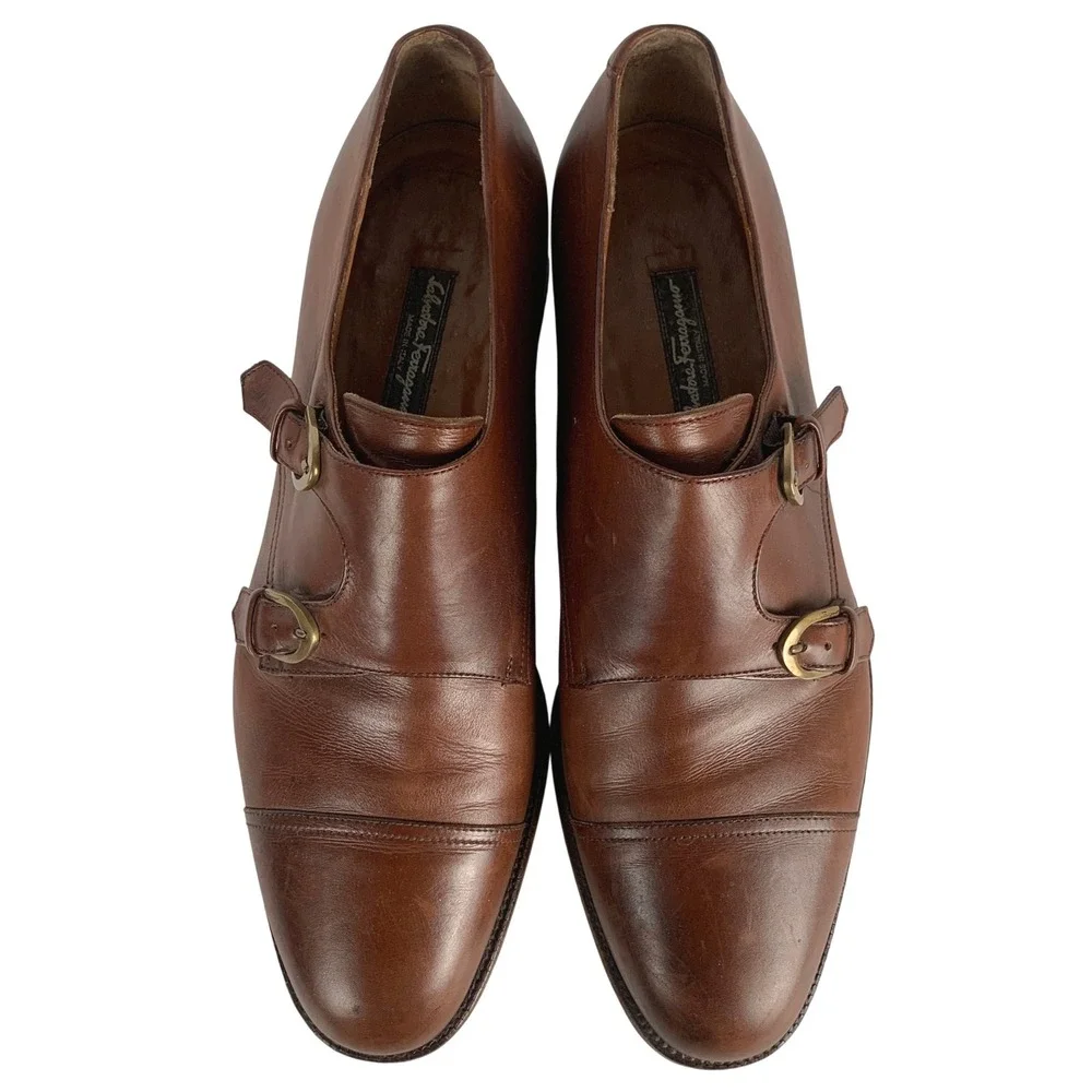 SALVATORE FERRAGAMO Leather Double Monk Strap Cap Toe Shoes 12 D Brown Italy